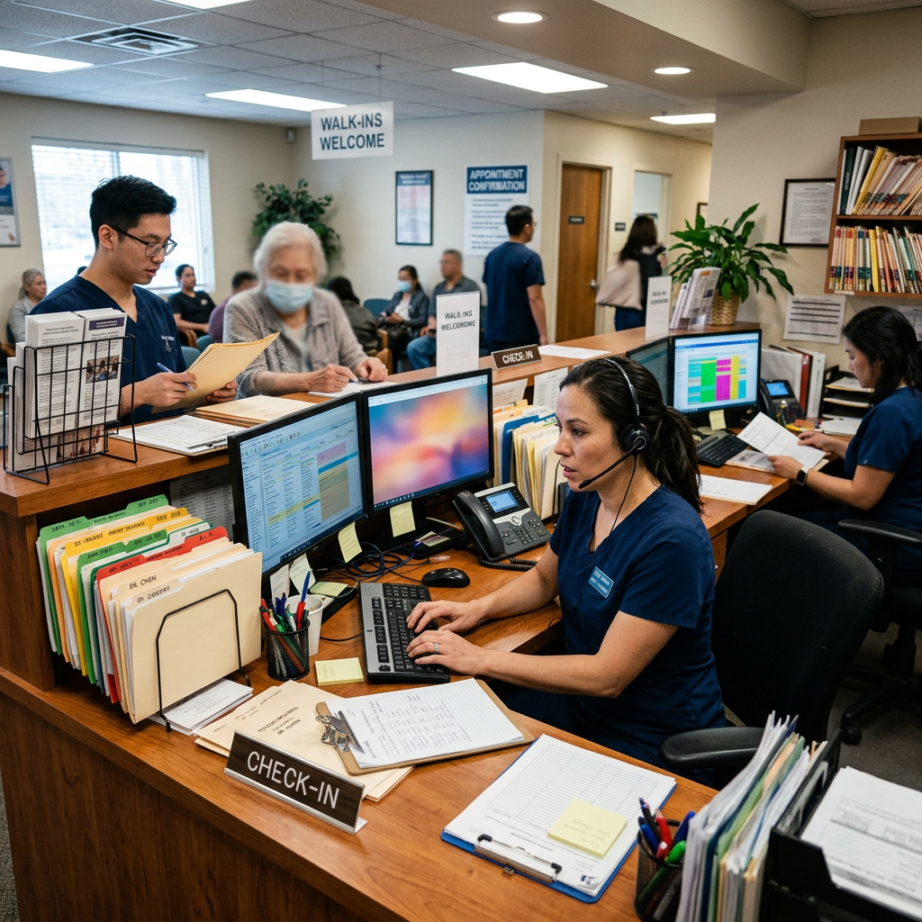 firefly gemini flash a busy front desk medical staff overwhelmed with files and screens, or a cluttered me 364708