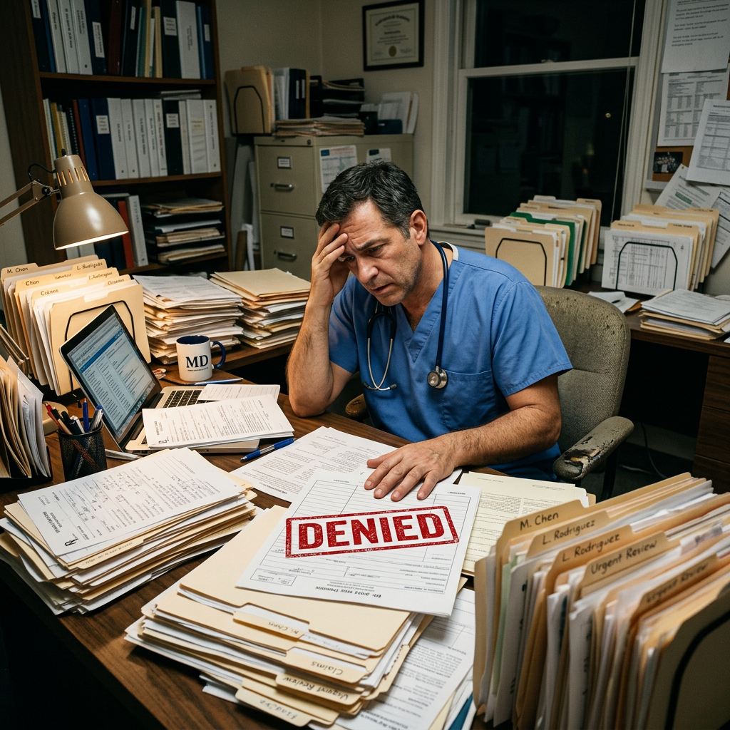 firefly gemini flash a frustrated doctor at a desk surrounded by paperwork, or a red denied stamp on a d 364708