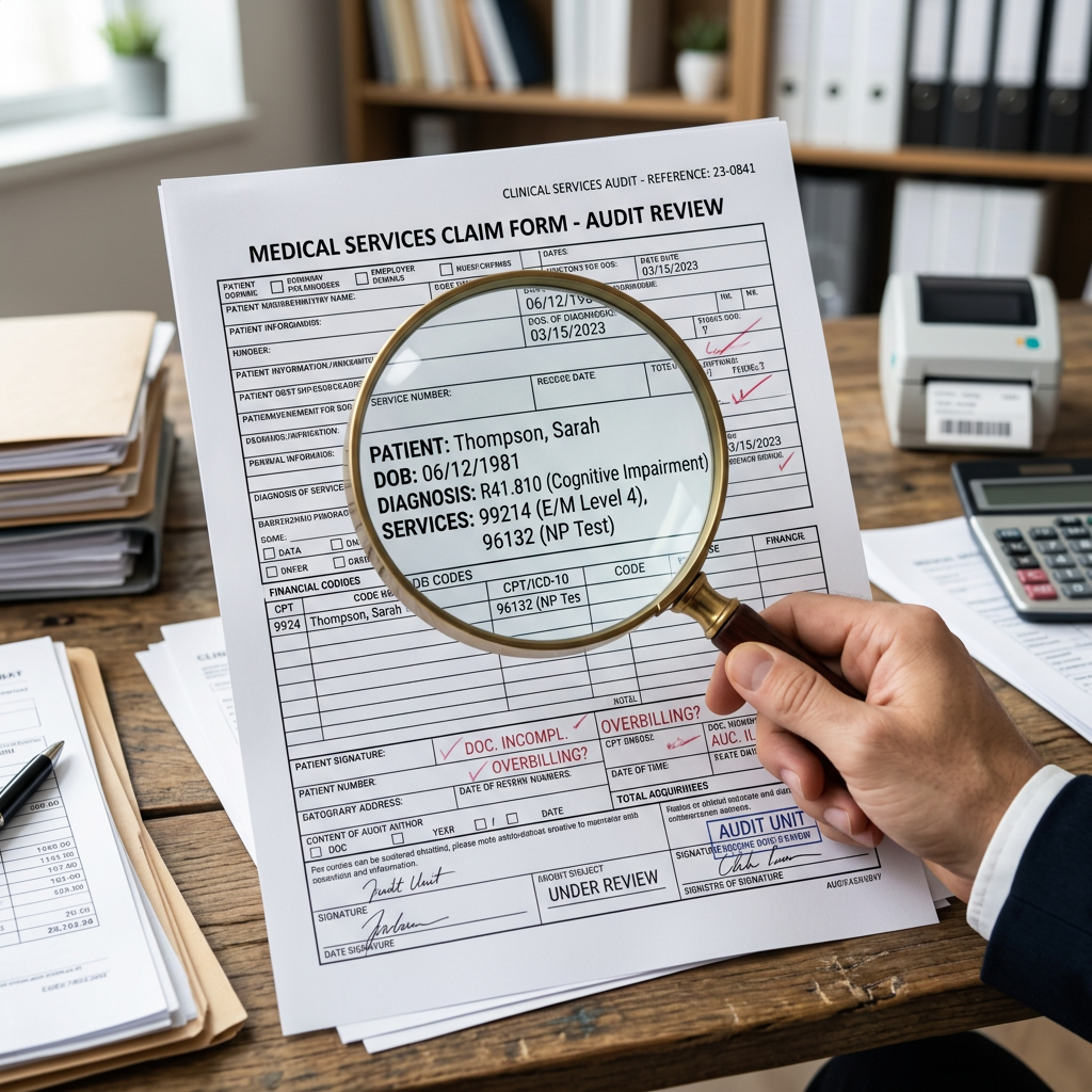 firefly gemini flash a magnifying glass over a medical document — representing audit risk 364708